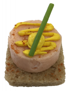Cut Smoked Salmon mousse, Square Rye Bread, Saffron butter, long chive