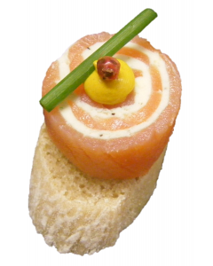 Cut Smoked Salmon Roulade, Wasabi, Pink Pepper corn, Long chives Caprice Ficelle