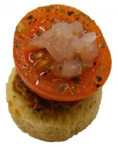 Roasted Cherry Tomato, Olive and Tomato tapenade, shallot salsa on tomato bread