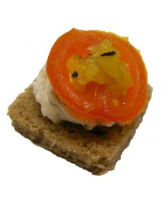 Herb & Garlic Cream Cheese, Fresh Tomato, Square Rye Bread, Yellow Pepper Salsa