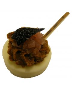 Mozzarella base & stick with tomato Tapenade, Shallot Salsa, Thin slice of Black Olive