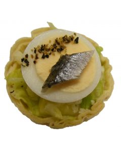Tortilla Cup Caesar Salad with Quail Egg and Anchovy