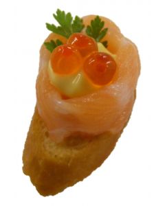 Smoked Salmon Carpaccio with Mayonnaise Keta on Crostini