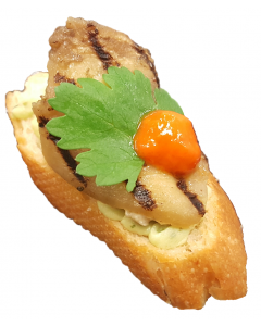 Spiced aubergine square, coriander and red pepper on Crostini