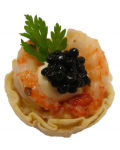 Crayfish Tail, Crab Mousseline in Tortilla Cup, Avruga Caviar & Chervil