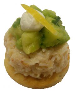 Crab Salad and Avocado Salsa Tower Lemon Zest on Shortbread