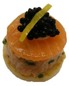 Hot Smoked and Smoked Salmon Tower with Avruga on Blinis