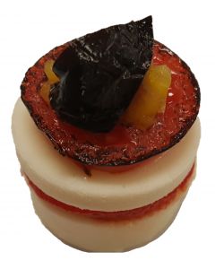 Stack of Mozzarella and Roast Vine tomato with Pesto and Yellow Salsa