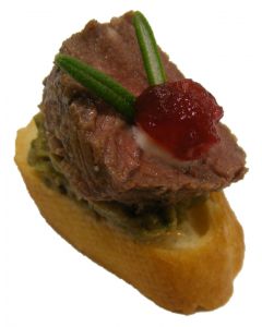 Rosemary Crusted Lamb Aubergine Mousse on Crostini with Beetroot Jelly