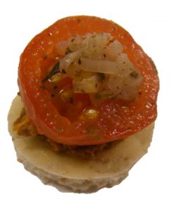 (V) Baked Tomato on Flat Bread with Tomato Tapenade & Shallot Salsa