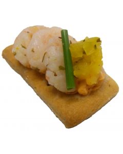 (F) Finger Biscuit with Baby Prawns Red Pepper Pesto Chives and Yellow Salsa