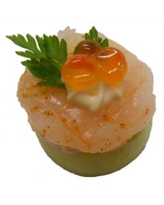 (F) King Prawn Marie Rose on Cucumber with Salmon Roe