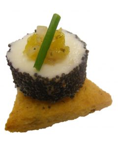 (C) Poppy Seed Goats Cheese with Chives on Toasted Tomato Bread