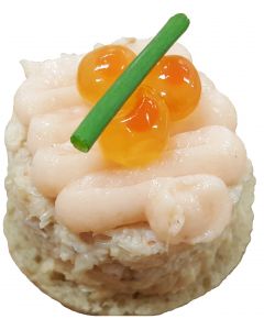 (F) Tower of Crab with Salmon Mousse, Keta & Chive on Rye Bread